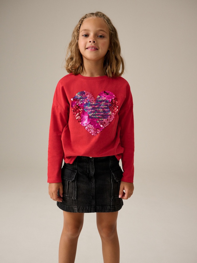 Red 100% Cotton Sequin Heart Long Sleeve T-Shirt (3-16yrs) - Image 1 of 7