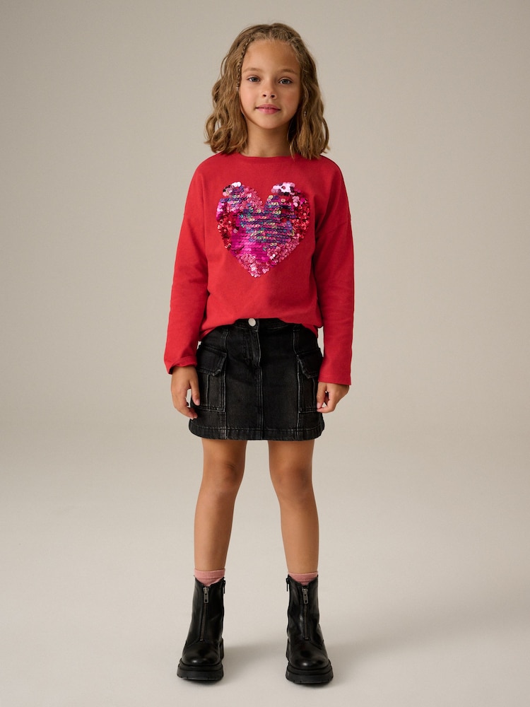 Red 100% Cotton Sequin Heart Long Sleeve T-Shirt (3-16yrs) - Image 2 of 7