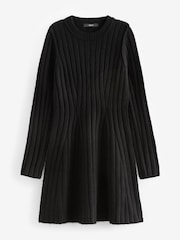 Black Ribbed Fit And Flare Mini Knitted Jumper Dress With Wool - Image 5 of 6