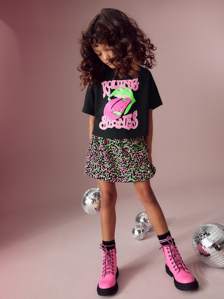Pink/Black 100% Cotton Rolling Stones Sequin Skirt Set (3-16yrs) - Image 1 of 8