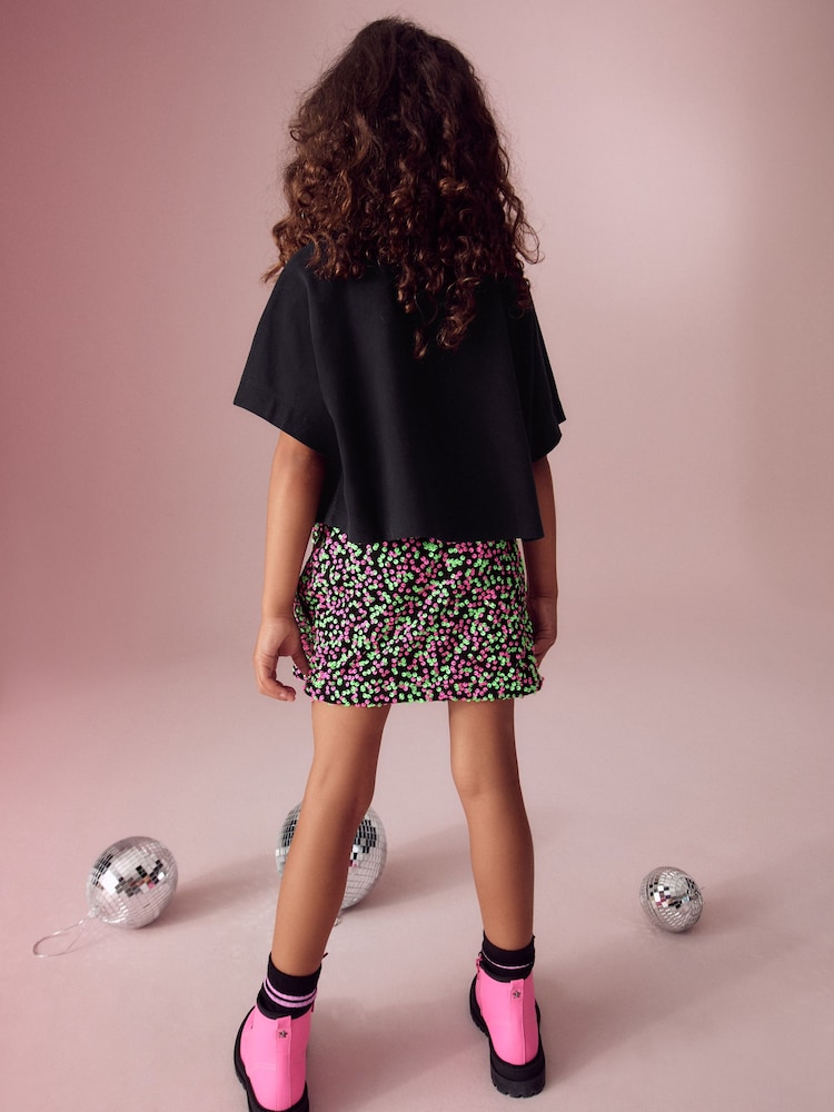 Pink/Black 100% Cotton Rolling Stones Sequin Skirt Set (3-16yrs) - Image 2 of 8