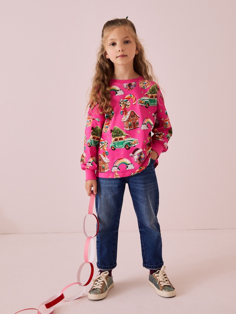 Pink Christmas Long Sleeve 100% Cotton Top (3-16yrs) - Image 2 of 7