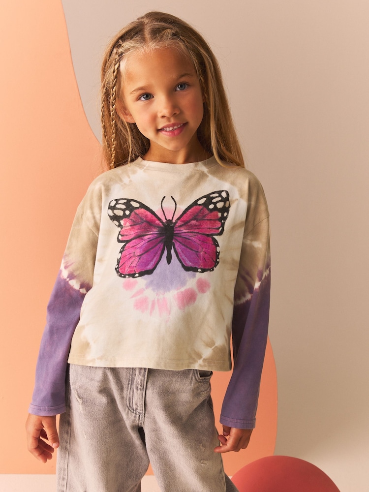 Brown/škrlatna; vijolična - barvano s prevezovanjem Butterfly dolg rokav; z dolgimi rokavi 100% Cotton Top (3-16yrs) - Slika 1 iz 8 Brown/škrlatna; vijolična - barvano s prevezovanjem Butterfly dolg rokav; z dolgimi rokavi 100% Cotton Top (3-16yrs) - Slika 1 iz 8
