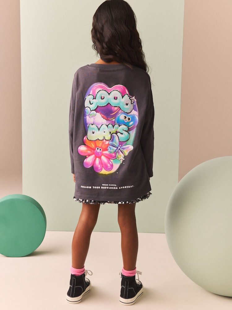 Charcoal Grey Oversized Long Sleeve Butterfly Graphic 100% Cotton T-Shirt (3-16yrs) - Image 1 of 7