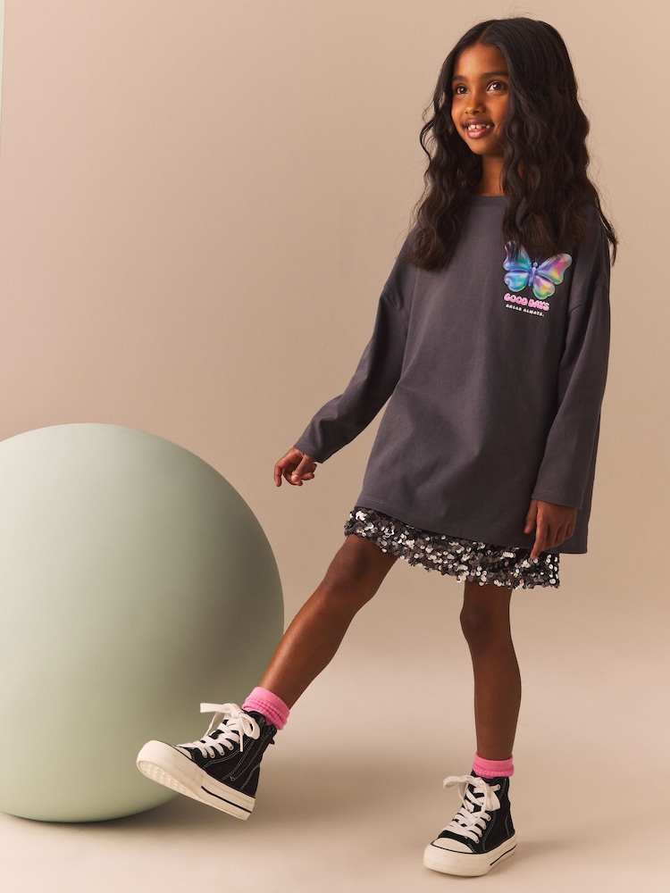 Charcoal Grey Oversized Long Sleeve Butterfly Graphic 100% Cotton T-Shirt (3-16yrs) - Image 2 of 7