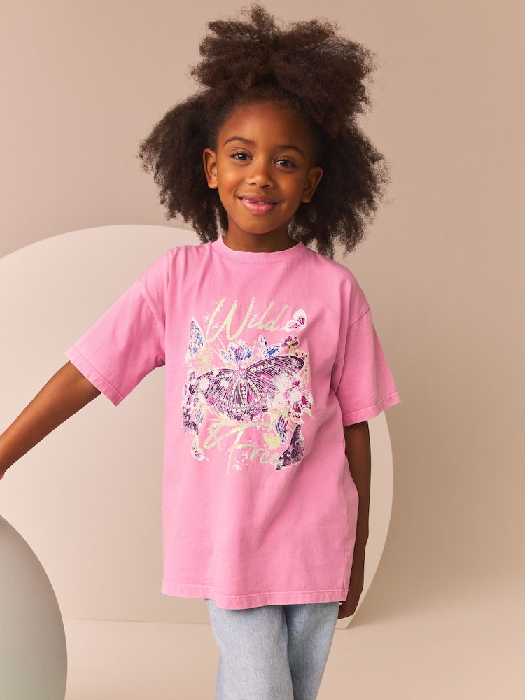 Pink/Green Oversized Embellished 100% Cotton Graphic T-Shirt (3-16yrs) - Image 1 of 8