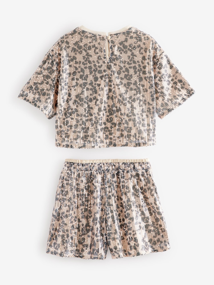 Animal Print Sequin Top and Shorts Set (3-16yrs) - Image 4 of 5