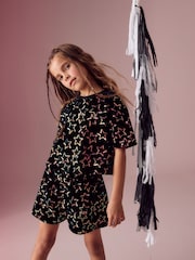 Black Velour Sequin Star Top and Shorts Set (3-16yrs) - Image 1 of 3