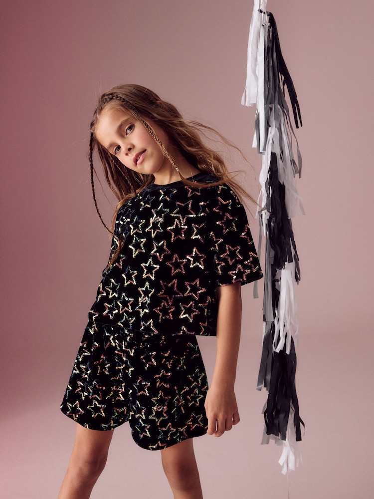 Black Velour Sequin Star Top and Shorts Set (3-16yrs) - Image 1 of 3
