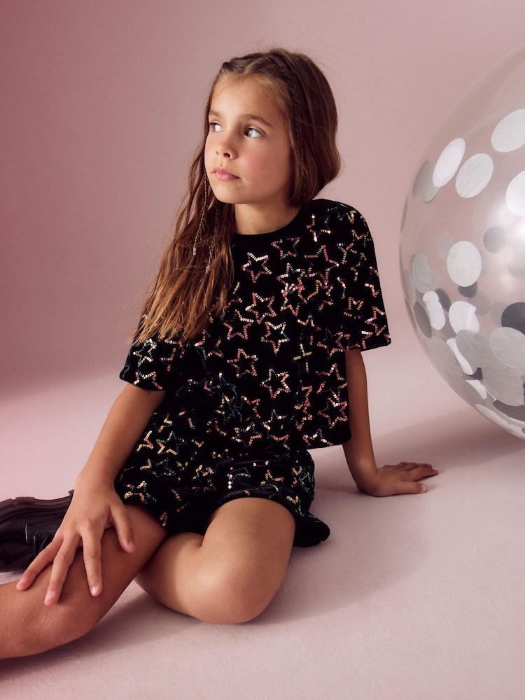 Black Velour Sequin Star Top and Shorts Set (3-16yrs) - Image 3 of 3