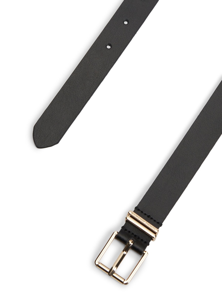 Tommy Hilfiger Black Square Buckle Logo Keeper Leather Belt - Image 2 of 4