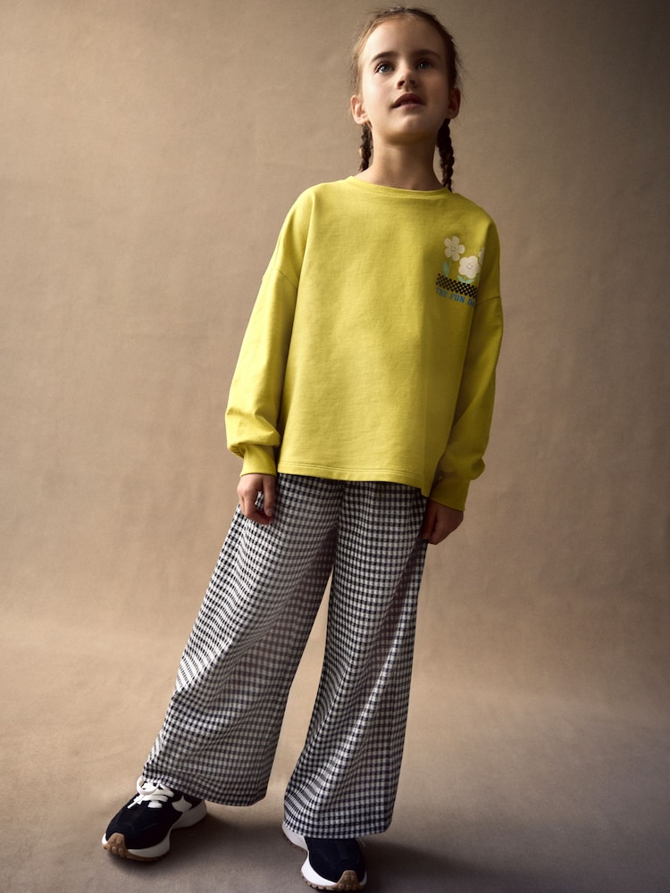 Ochre Yellow Long Sleeve 100% Cotton Graphic Top and Check Wide Leg Set (3-16yrs) - Image 2 of 8