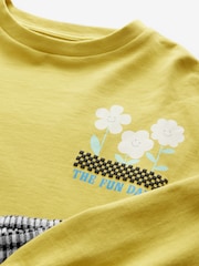 Ochre Yellow Long Sleeve 100% Cotton Graphic Top and Check Wide Leg Set (3-16yrs) - Image 8 of 8