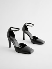 Black Forever Comfort® Square Toe Chain Ankle Strap Heels - Image 1 of 5
