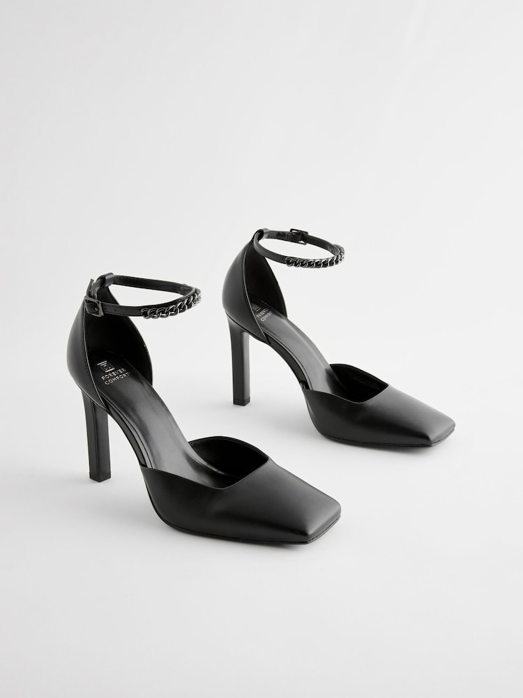 Black Forever Comfort® Square Toe Chain Ankle Strap Heels - Image 1 of 5