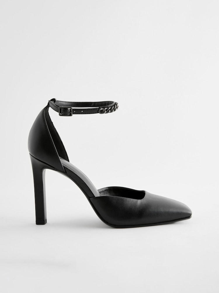 Black Forever Comfort® Square Toe Chain Ankle Strap Heels - Image 2 of 5