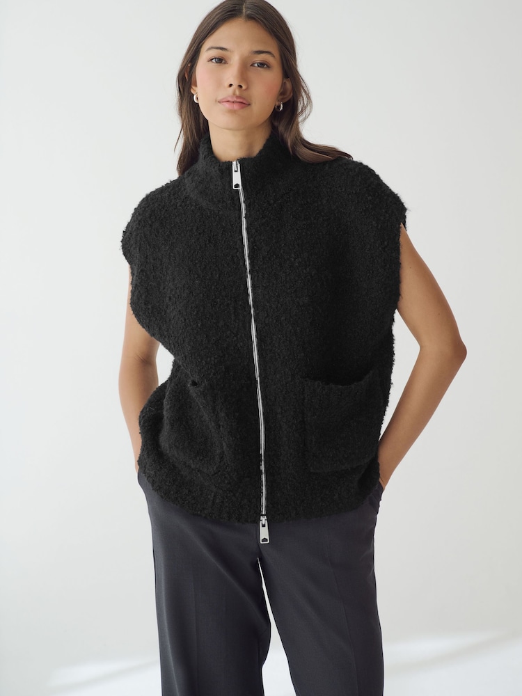 Black Zip Up Sleeveless Textured Knitted Gilet Vest Jacket - Image 1 of 7