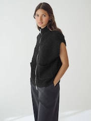 Black Zip Up Sleeveless Textured Knitted Gilet Vest Jacket - Image 3 of 7