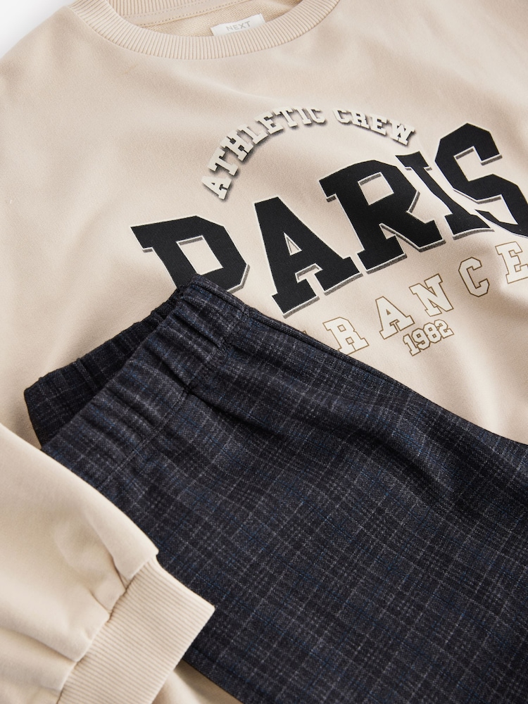 Ecru Oversized 100% Cotton Sweat and Check Barrel Leg Joggers Set (3-16yrs) - Image 8 of 8