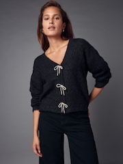 črna - Sparkle pentlja Button Cable Knitted pletena jopa - Slika 1 iz 6
