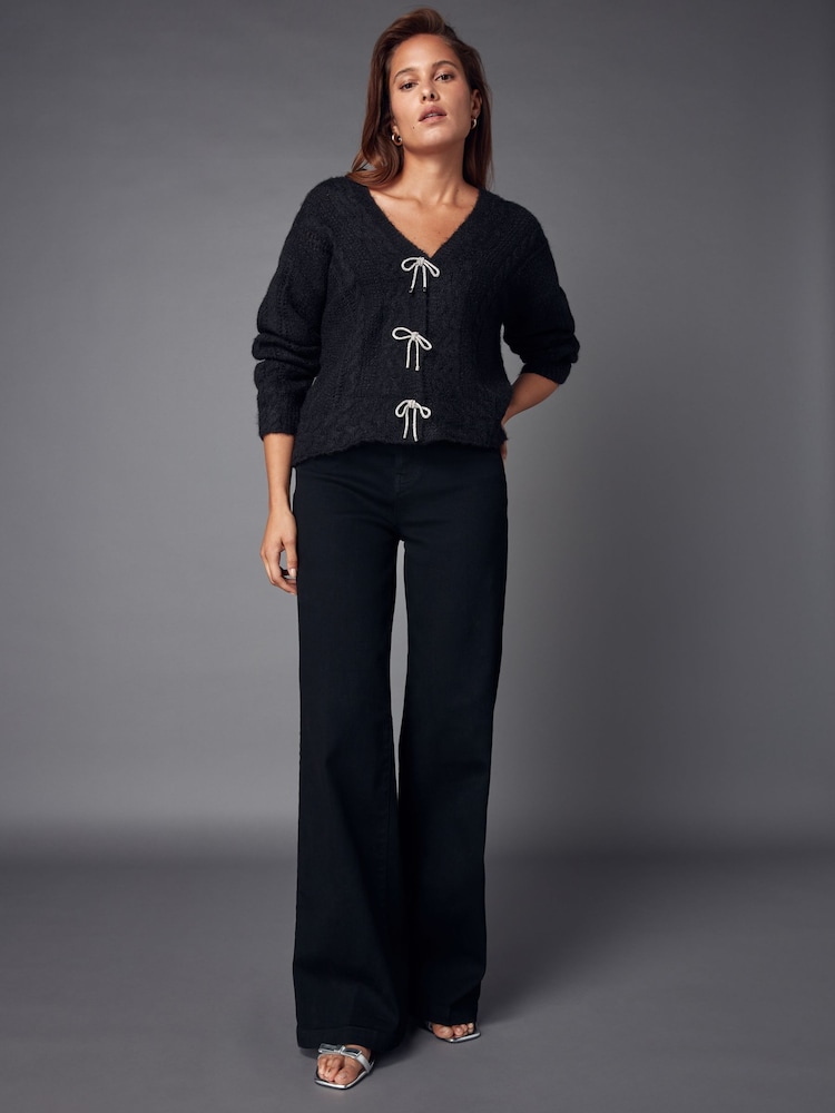 Black Sparkle Bow Button Cable Knitted Cardigan - Image 2 of 6 Black Sparkle Bow Button Cable Knitted Cardigan - Image 2 of 6