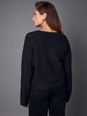 črna - Sparkle pentlja Button Cable Knitted pletena jopa - Slika 3 iz 6