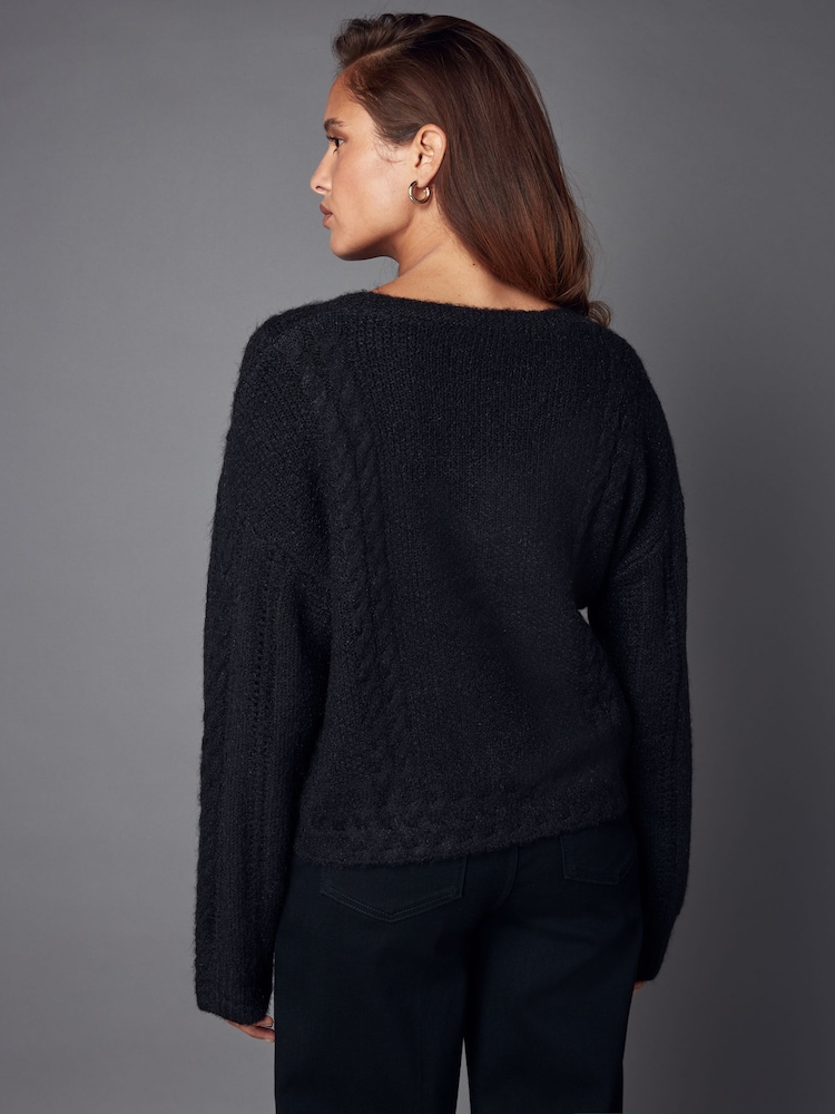 Black Sparkle Bow Button Cable Knitted Cardigan - Image 3 of 6