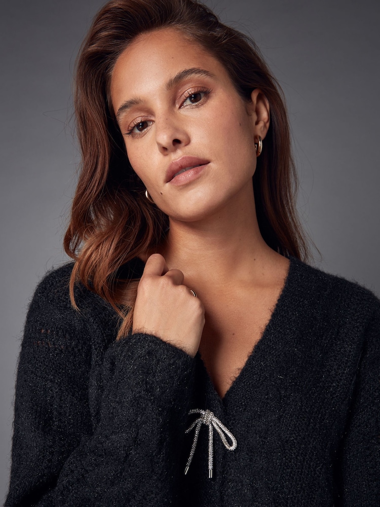 Black Sparkle Bow Button Cable Knitted Cardigan - Image 4 of 6