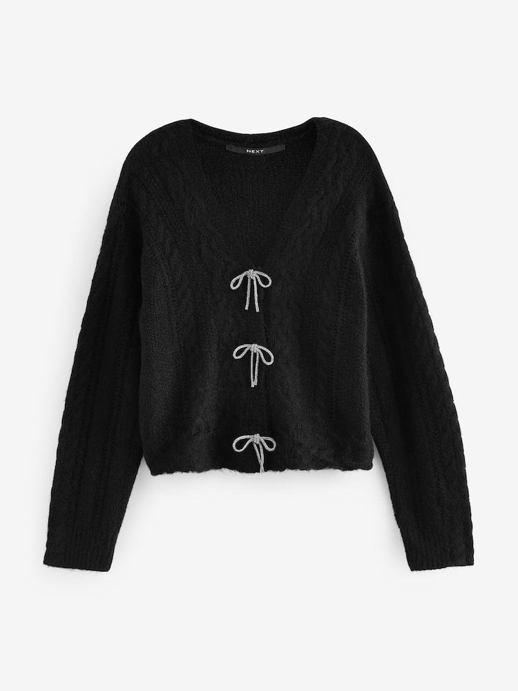 Black Sparkle Bow Button Cable Knitted Cardigan - Image 5 of 6