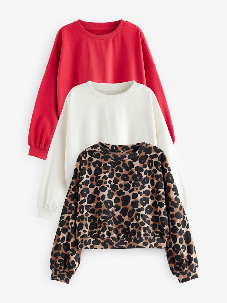 Red/White/Animal Boxy Long Sleeve 100% Cotton Sweatshirt 3 Pack (3-16yrs) - Image 1 of 7