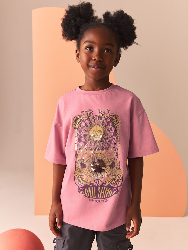 Pink/Cream/Charcoal Oversized Sequin Celestial T-Shirts 3 Pack (3-16yrs) - Image 2 of 11