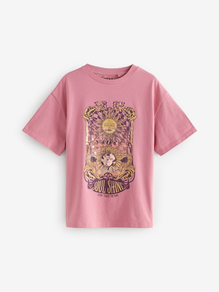 Pink/Cream/Charcoal Oversized Sequin Celestial T-Shirts 3 Pack (3-16yrs) - Image 6 of 11