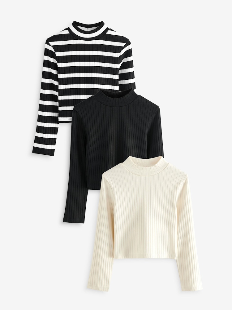 Black/White High Neck Long Sleeve Tops 3 Pack (3-16yrs) - Image 1 of 10