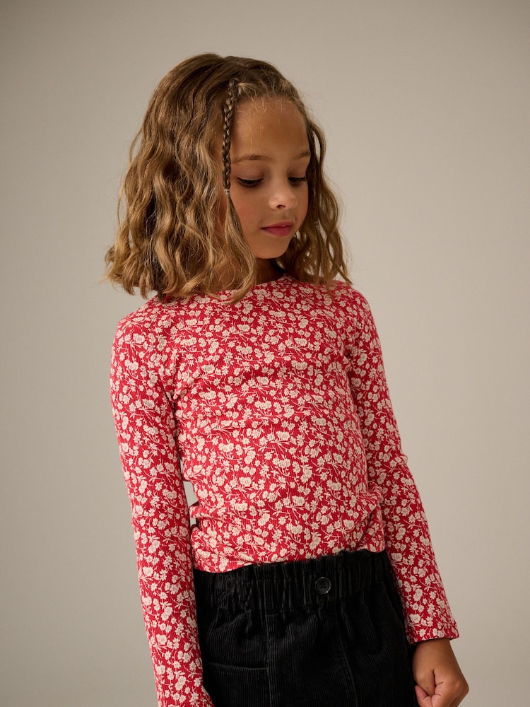 Red Ditsy Long Sleeve Rib T-Shirt 3 Pack (3-16yrs) - Image 2 of 10