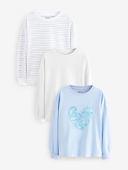 Blau/Weiß - Sequin Heart Boxy 100% Cotton Long Sleeve T-Shirts 3 Pack (3-16yrs) - Bild 1 von 11