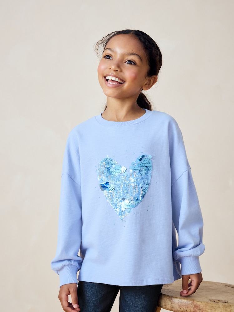 Blau/Weiß - Sequin Heart Boxy 100% Cotton Long Sleeve T-Shirts 3 Pack (3-16yrs) - Bild 2 von 11