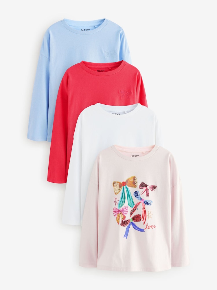 Pink/Blue Sequin Bow Long Sleeve 100% Cotton T-Shirts 4 Pack (3-16yrs) - Image 1 of 10 Pink/Blue Sequin Bow Long Sleeve 100% Cotton T-Shirts 4 Pack (3-16yrs) - Image 1 of 10