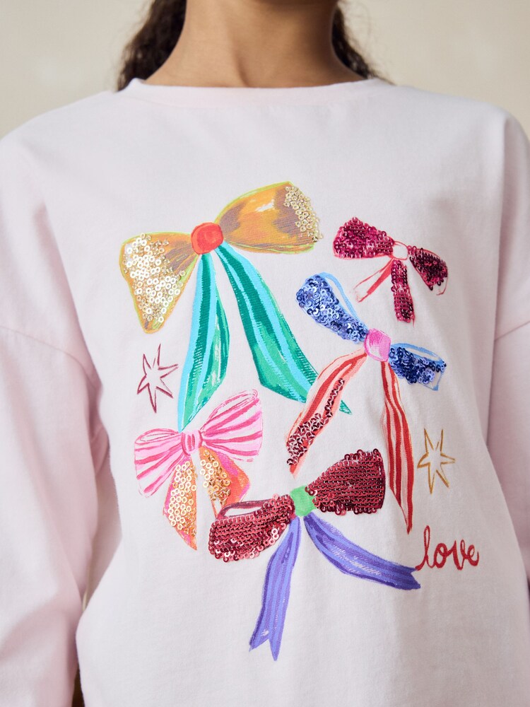Pink/Blue Sequin Bow Long Sleeve 100% Cotton T-Shirts 4 Pack (3-16yrs) - Image 10 of 10 Pink/Blue Sequin Bow Long Sleeve 100% Cotton T-Shirts 4 Pack (3-16yrs) - Image 10 of 10