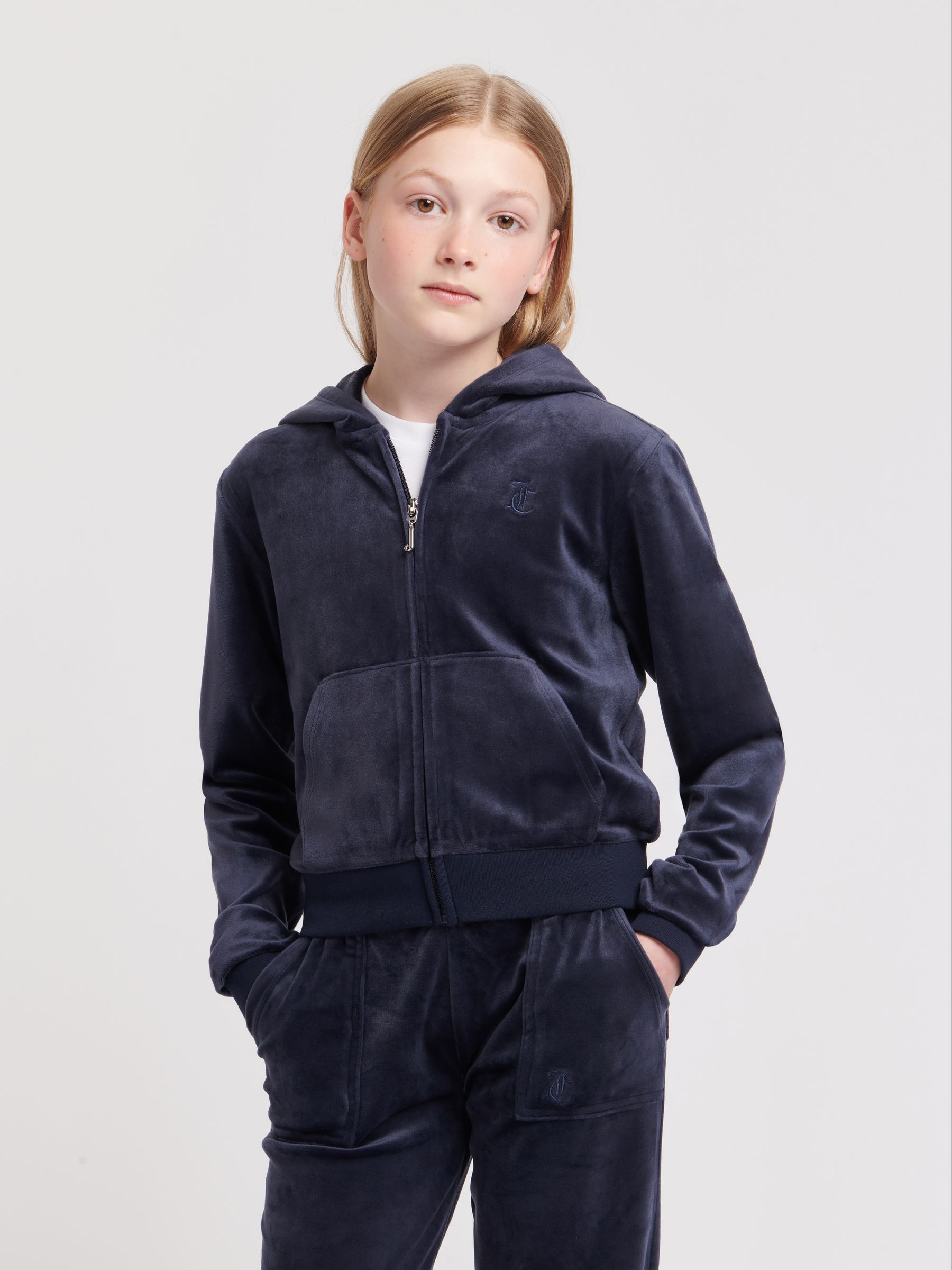 Juicy Couture Blue Girls Tonal Velour Zip Through Hoodie