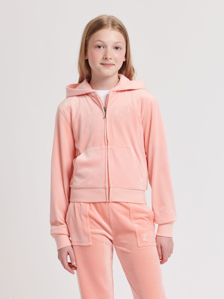 Juicy Couture Pink Juicy Couture Girls Tonal Velour Zip Through Hoodie - Image 1 of 7
