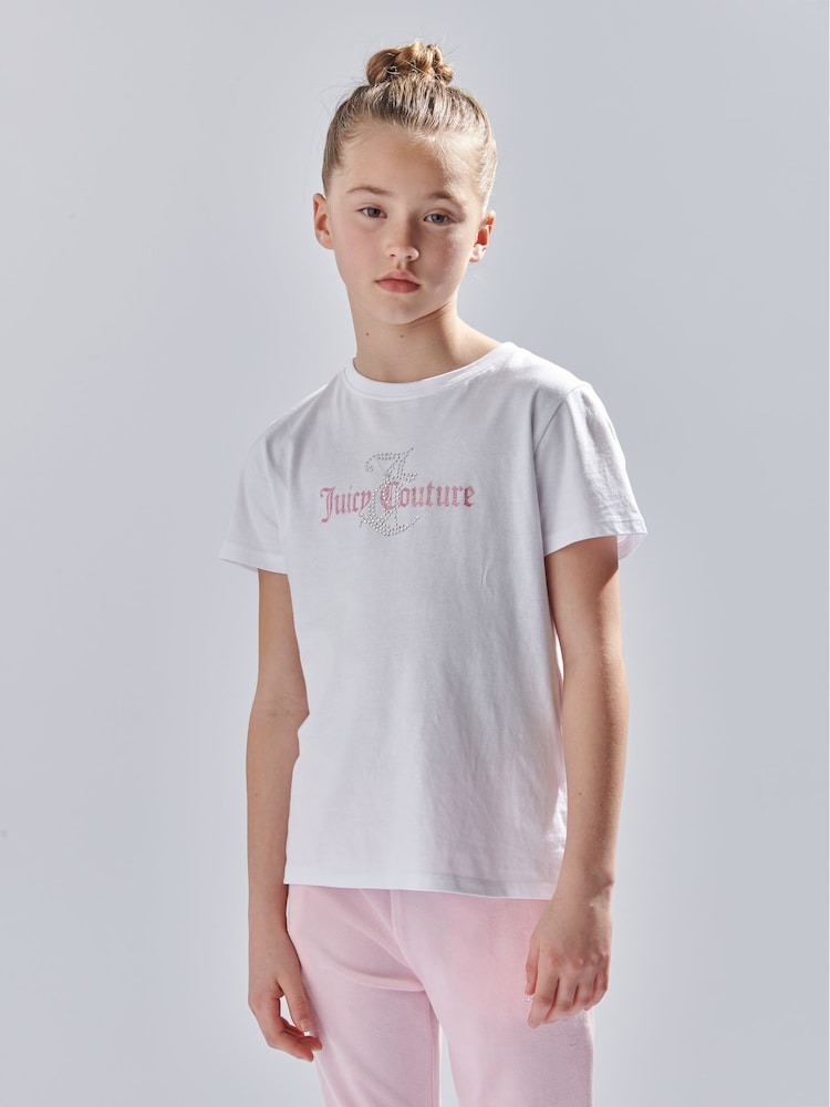 Juicy Couture White Girls Classic Fit 100% Cotton Diamanté T-Shirt - Image 1 of 7