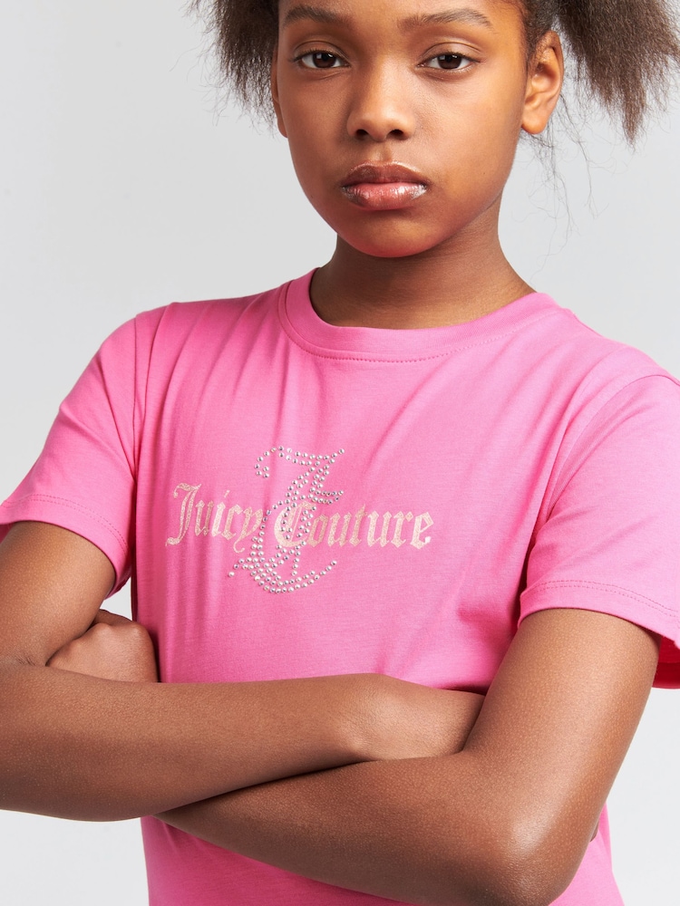 Juicy Couture Pink Girls Classic Fit 100% Cotton Diamanté T-Shirt - Image 4 of 7