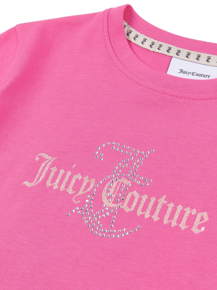 Juicy Couture Pink Girls Classic Fit 100% Cotton Diamanté T-Shirt - Image 6 of 7