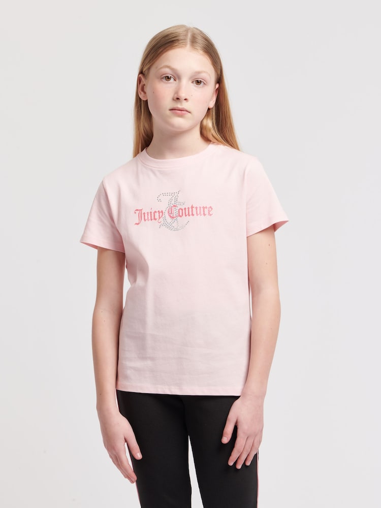 Juicy Couture Light Pink Girls Classic Fit 100% Cotton Diamanté T-Shirt - Image 1 of 7