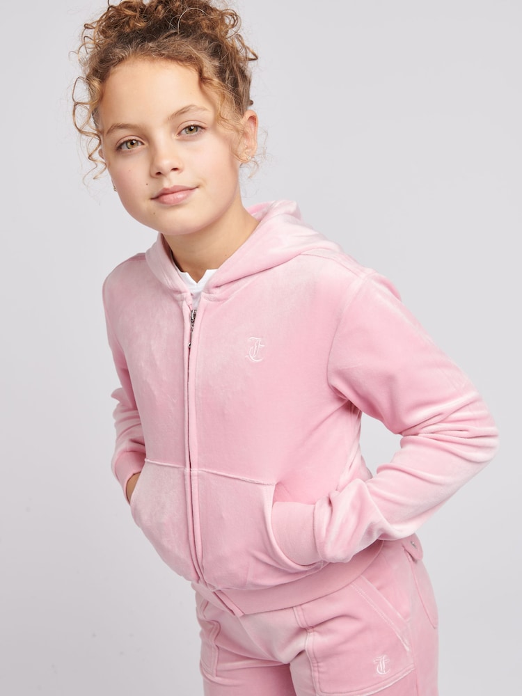 Juicy Couture Light Pink Girls Tonal Velour Zip Up Hoodie - Image 2 of 7