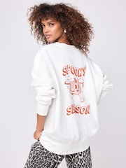 Ecru Orange Graphic Halloween Spooky Season Pumpkin Back Graphic Slogan Sweatshirt - Image 1 of 6