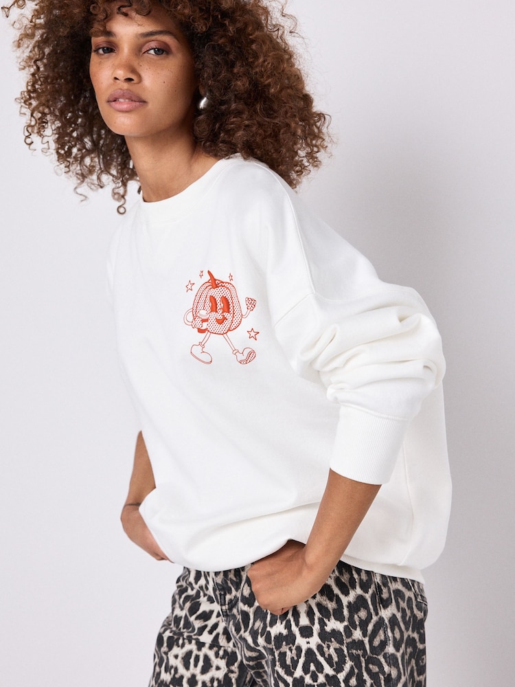 Ecru Orange Graphic Halloween Spooky Season Pumpkin Back Graphic Slogan Sweatshirt - Image 2 of 6