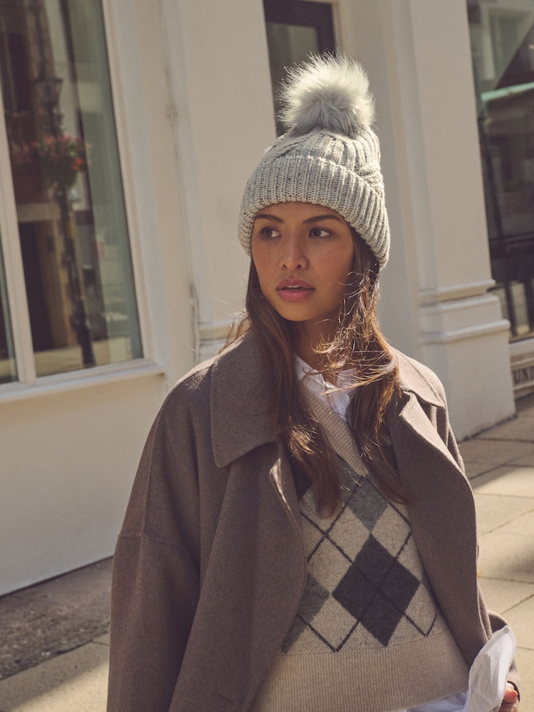 Grey Cable Knit Pom Hat - Image 1 of 3