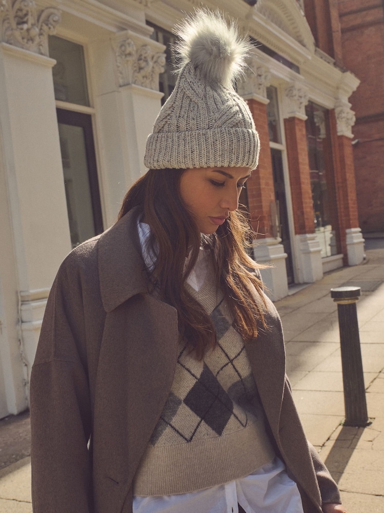 Grey Cable Knit Pom Hat - Image 2 of 3