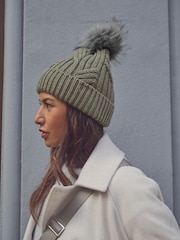 Khaki Green Cable Knit Pom Hat - Image 3 of 6